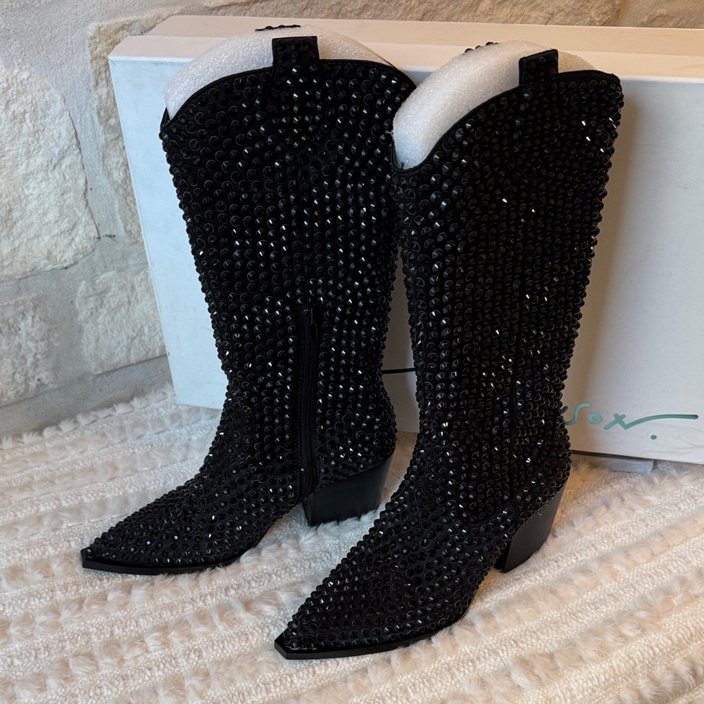 Betsey Johnson Black Crystal-Embellished Knee-High Western Boots - Picture 3 of 16